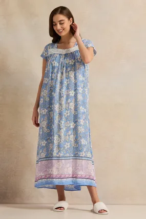 Women Blue Floral With Lace Detail Nightgown