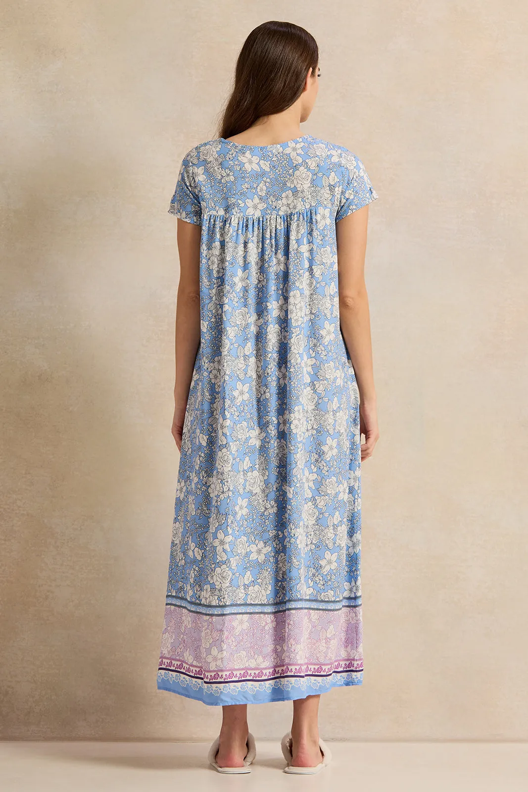 Women Blue Floral With Lace Detail Nightgown