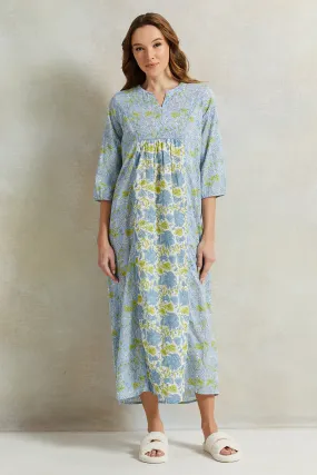 Women Blue Front Border Print Nightgown