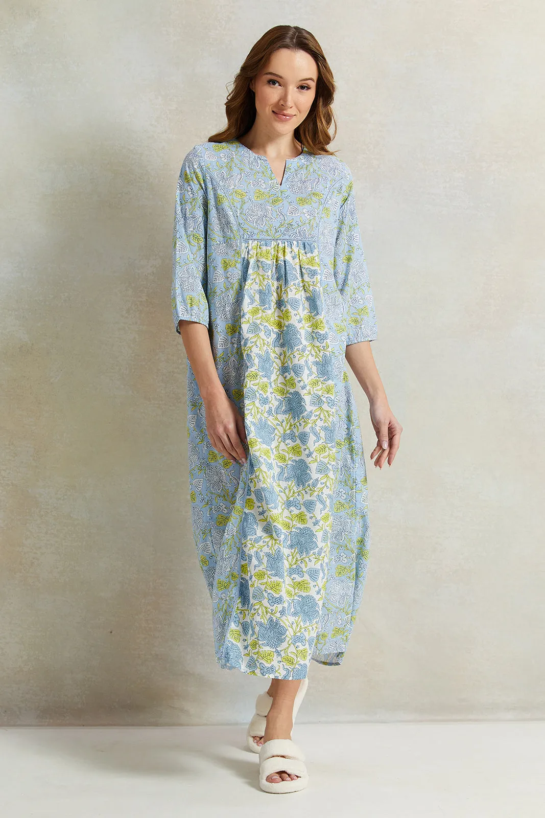 Women Blue Front Border Print Nightgown