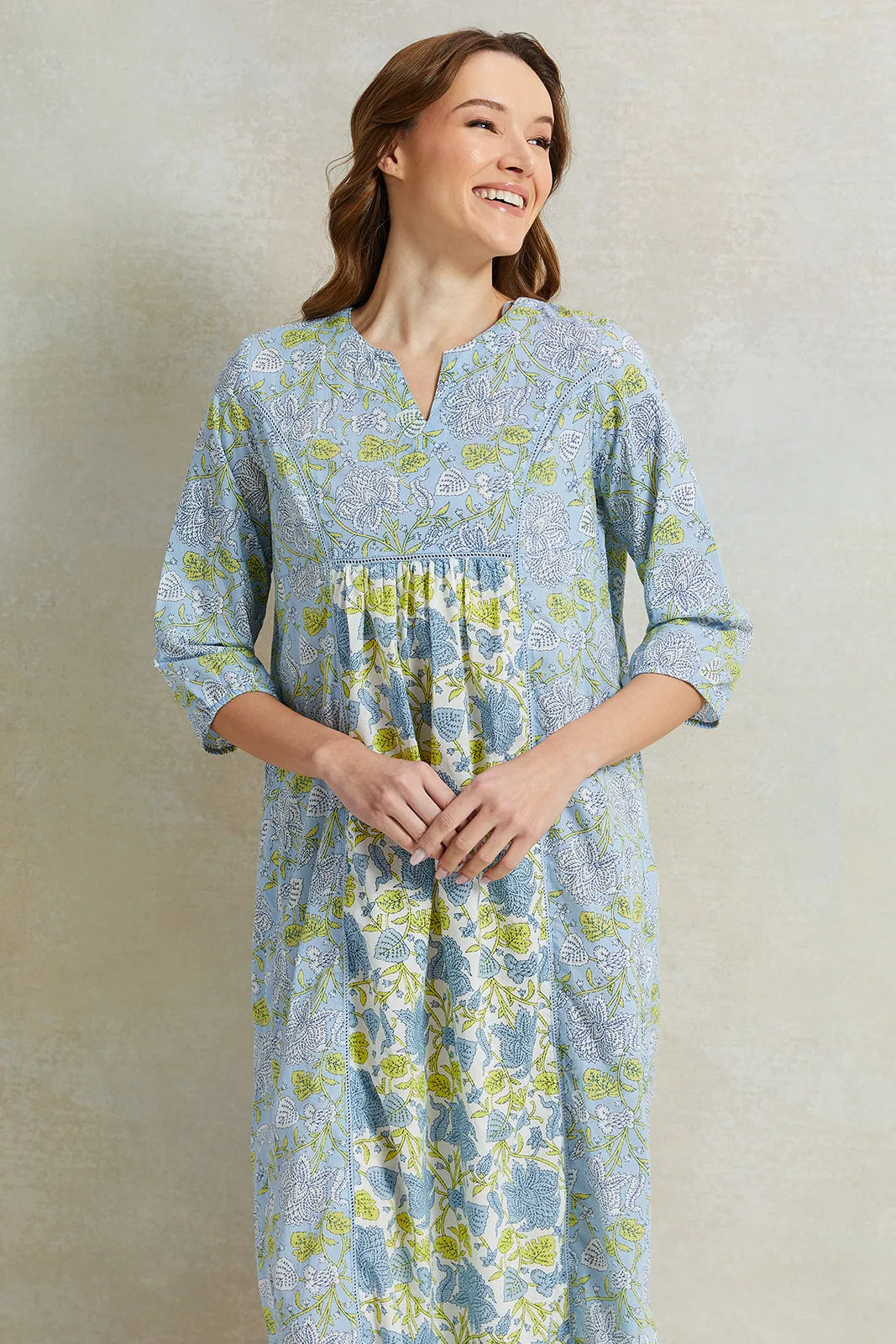 Women Blue Front Border Print Nightgown