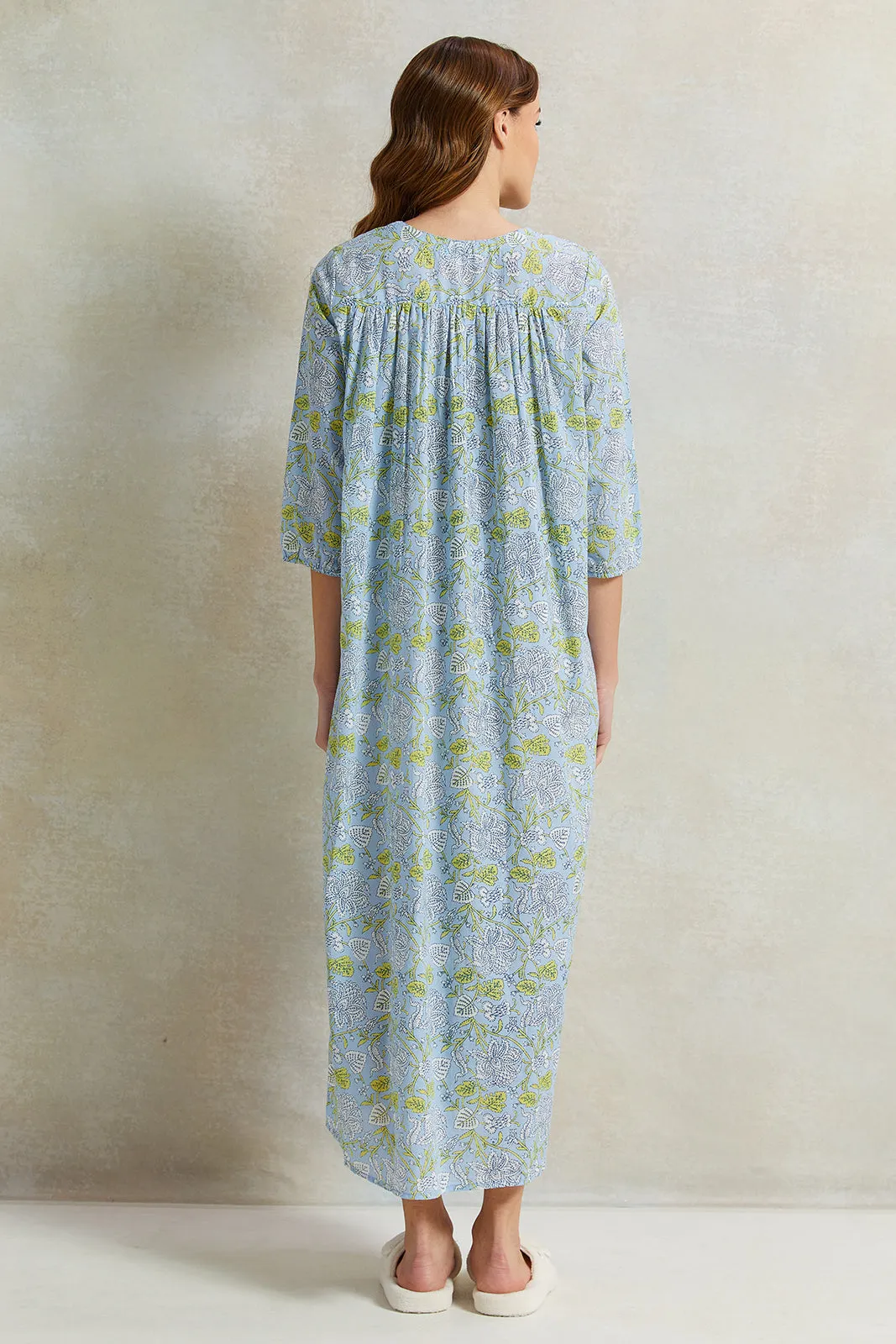 Women Blue Front Border Print Nightgown