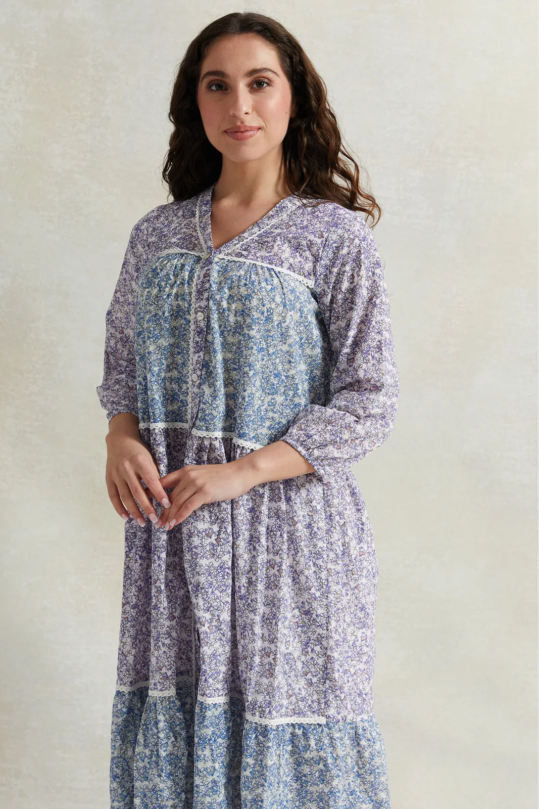 Women Lilac Tiered Lace Nightgown