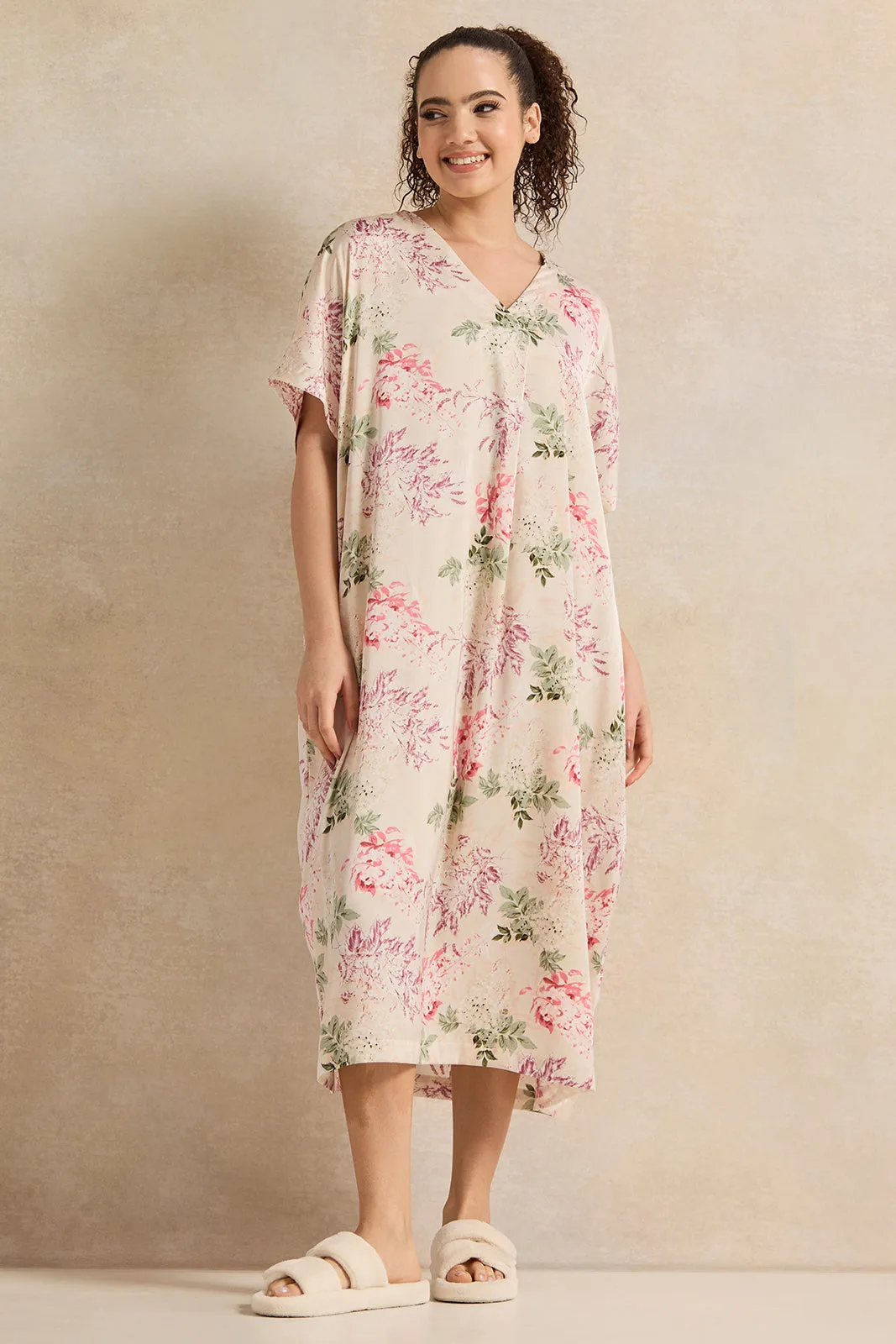 Women Pink Floral Print Nightgown