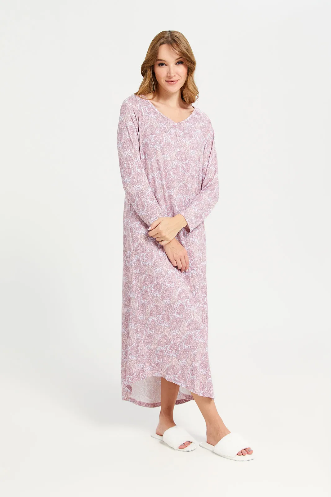 Women Pink Long Sleeves Knit Nightgown