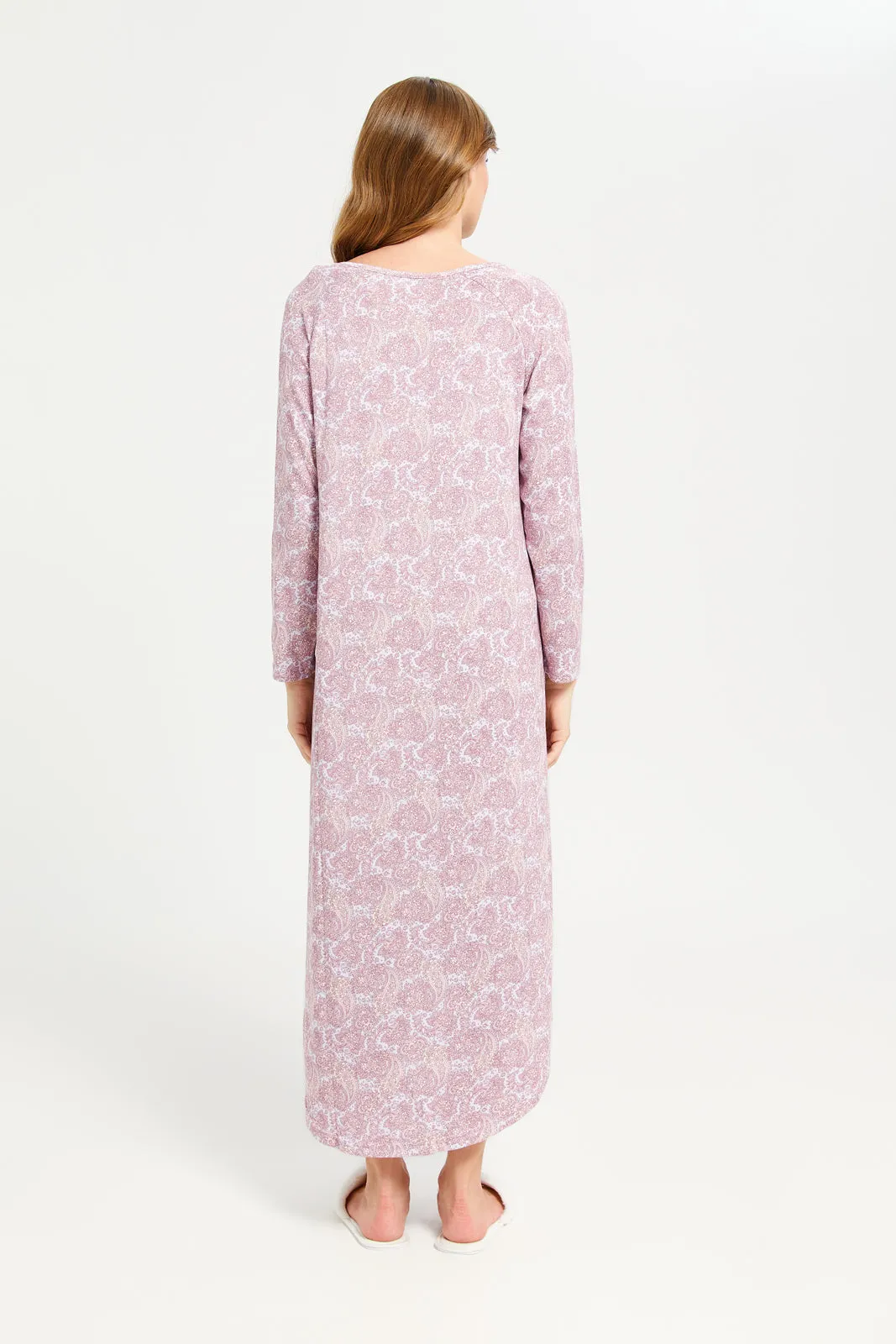 Women Pink Long Sleeves Knit Nightgown