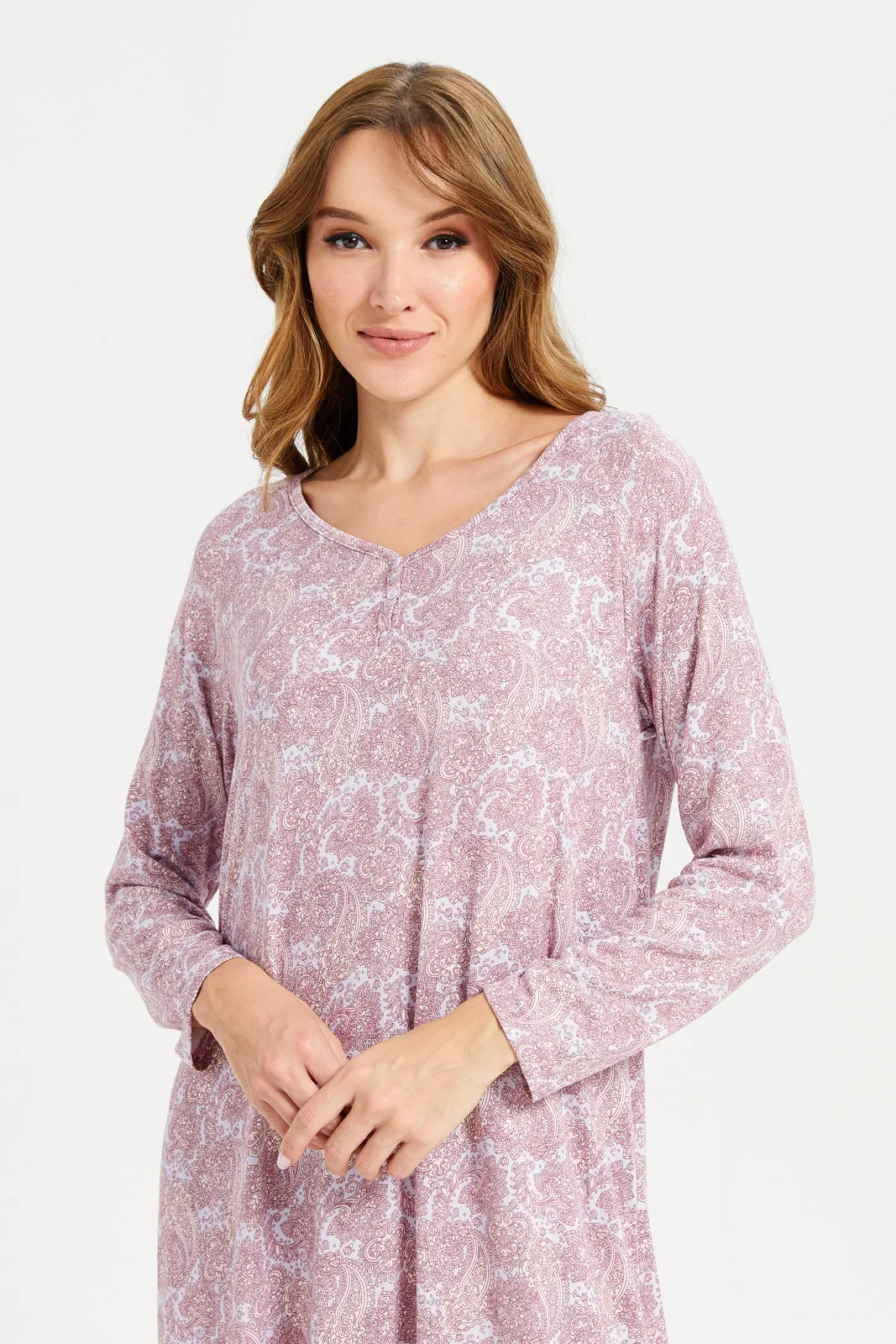 Women Pink Long Sleeves Knit Nightgown