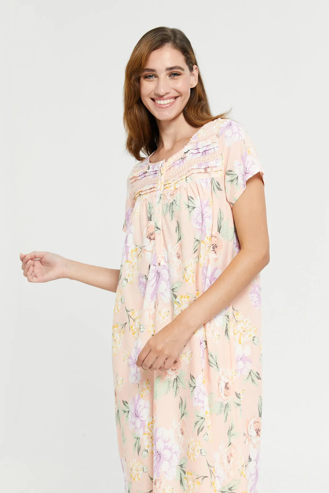 Women Pink Short Sleeve Viscose Dobby Nightgown