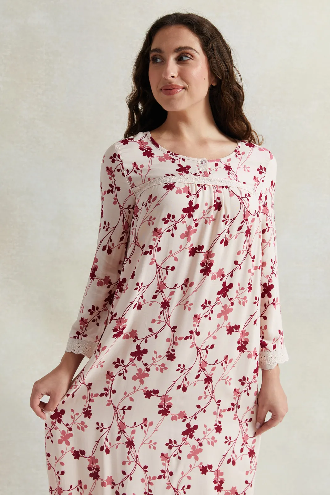 Women White And Red Printed Long Sleeves Nightgown