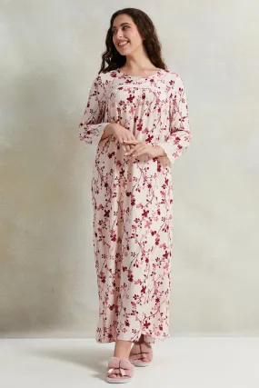 Women White And Red Printed Long Sleeves Nightgown