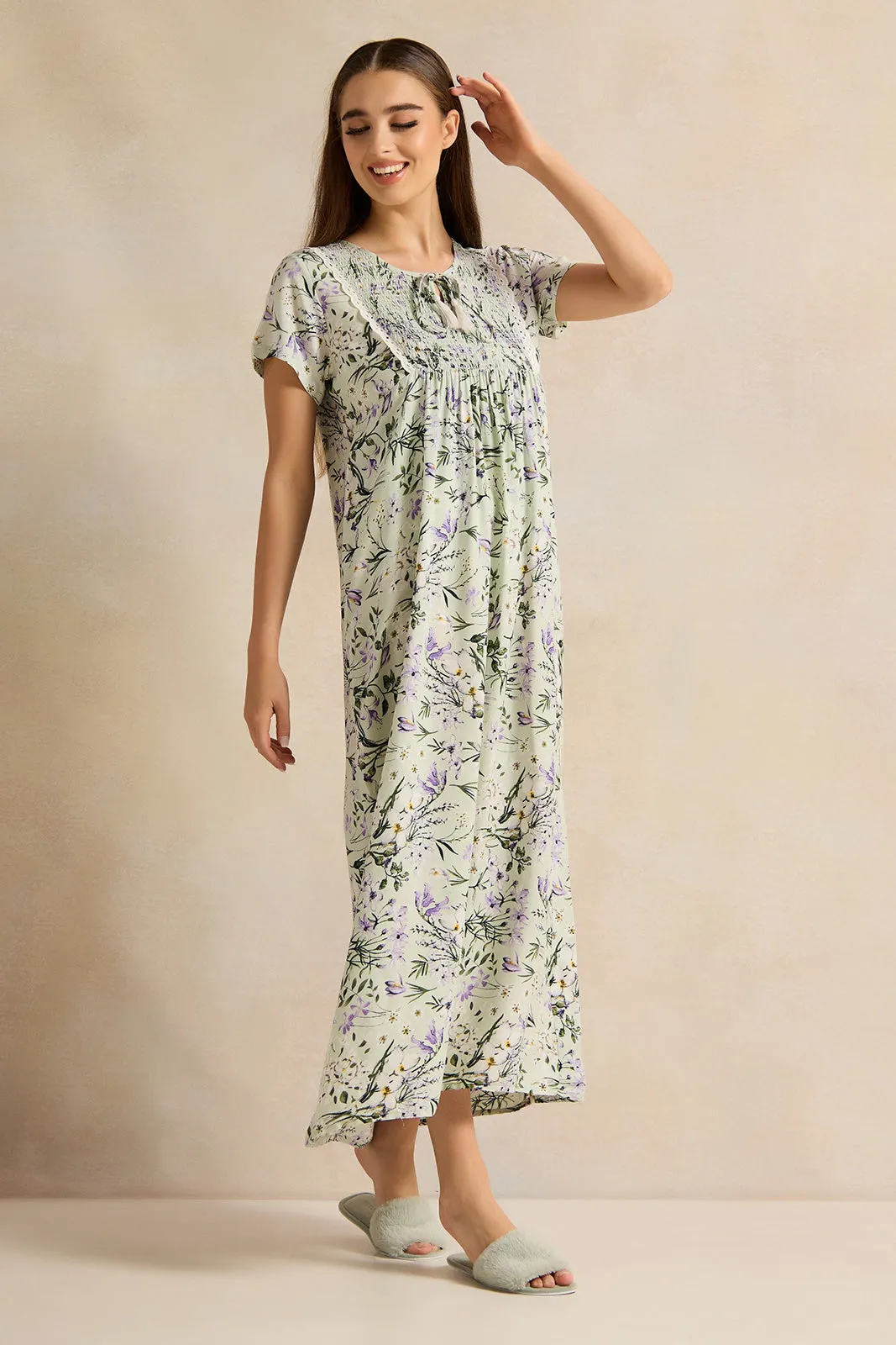 Women White Printed Night Gown