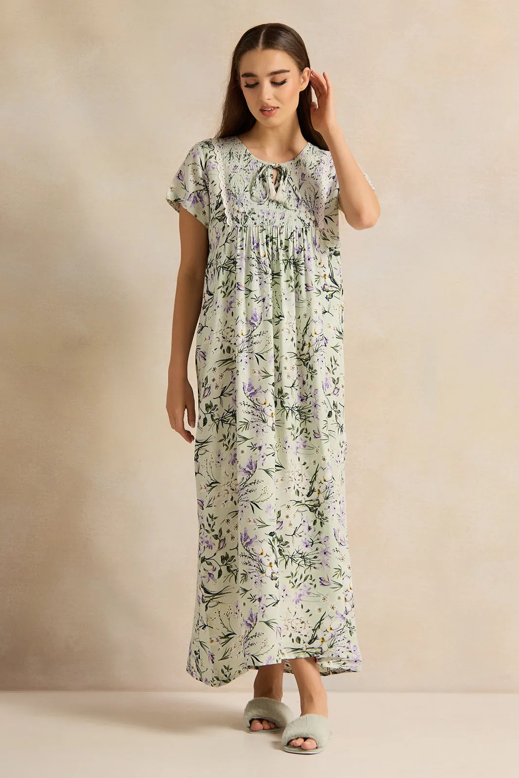 Women White Printed Night Gown