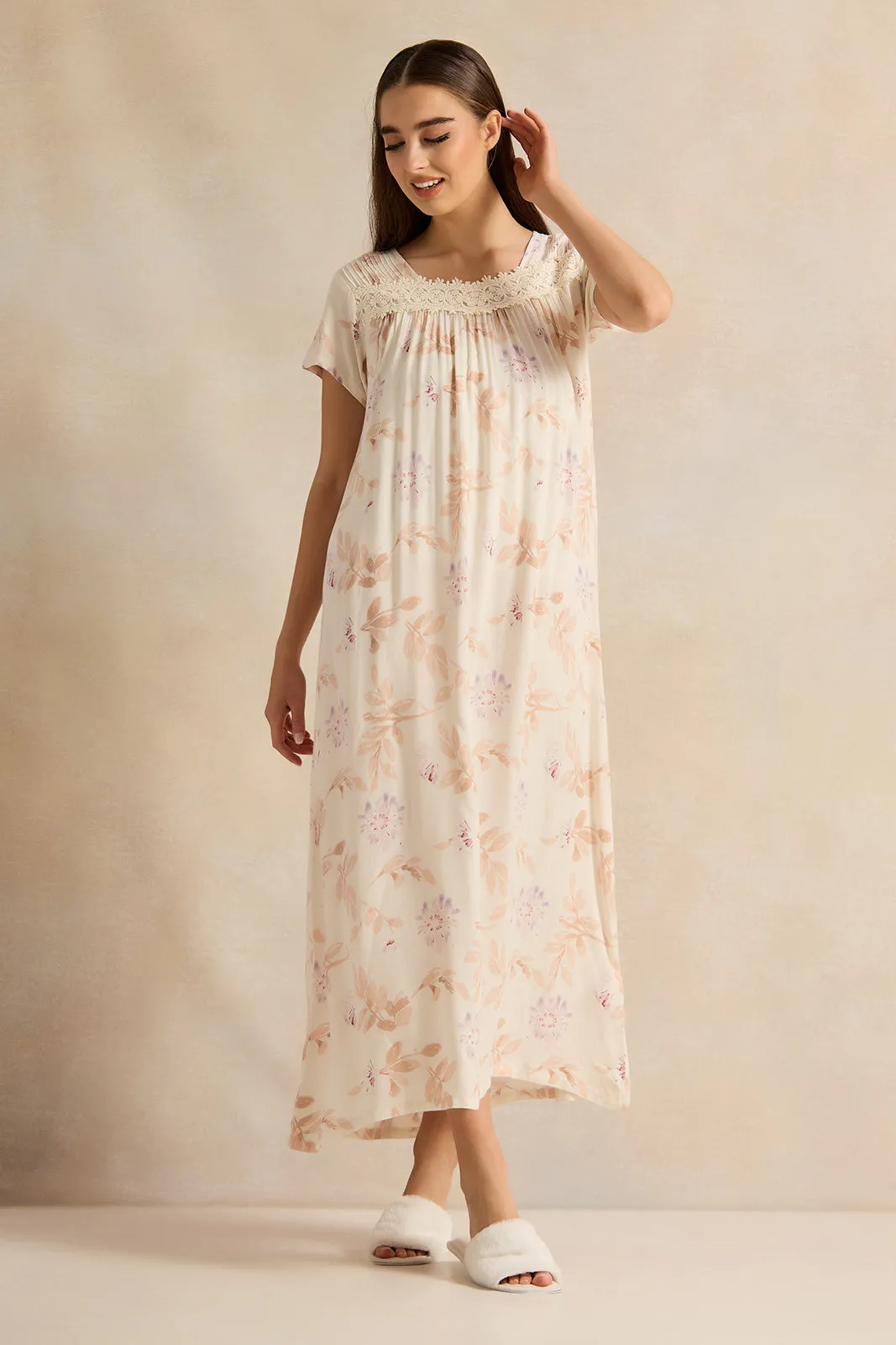 Women Yellow Printed Night Gown