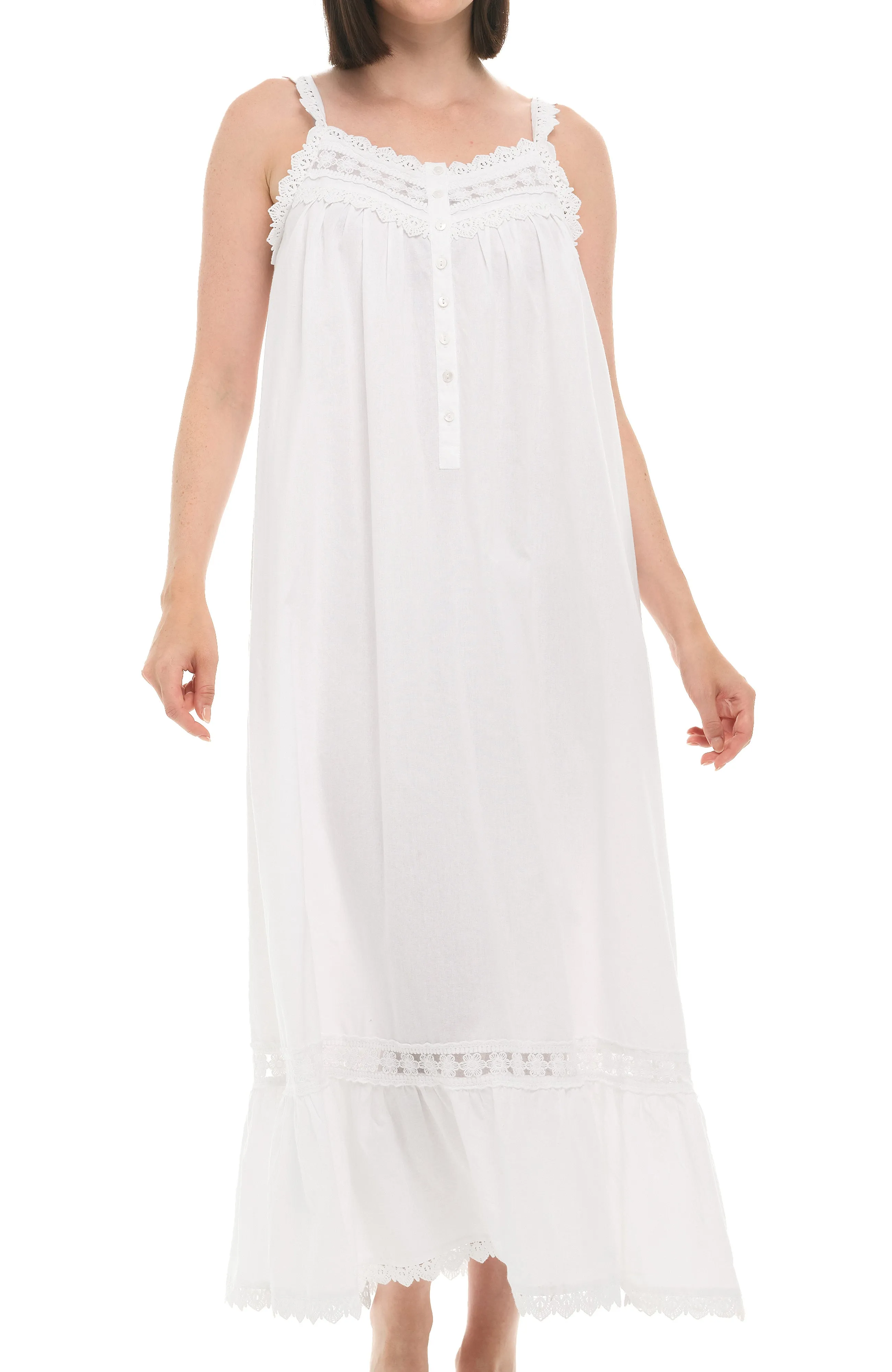 Women's Cotton Victorian Nightgown, Cecilia Sleeveless Lace Trimmed Button Up Long Night Dress