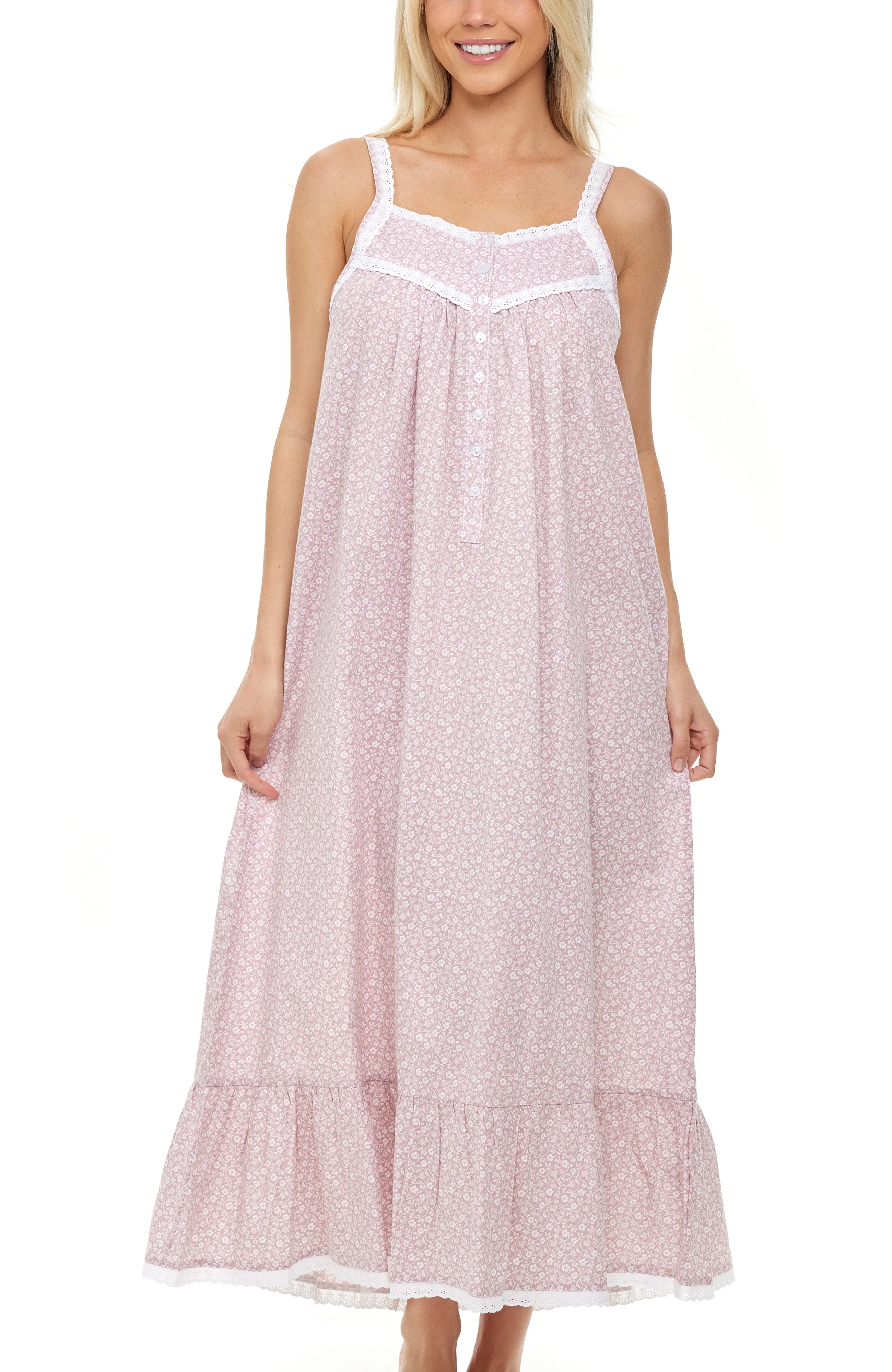 Women's Cotton Victorian Nightgown, Cecilia Sleeveless Lace Trimmed Button Up Long Night Dress