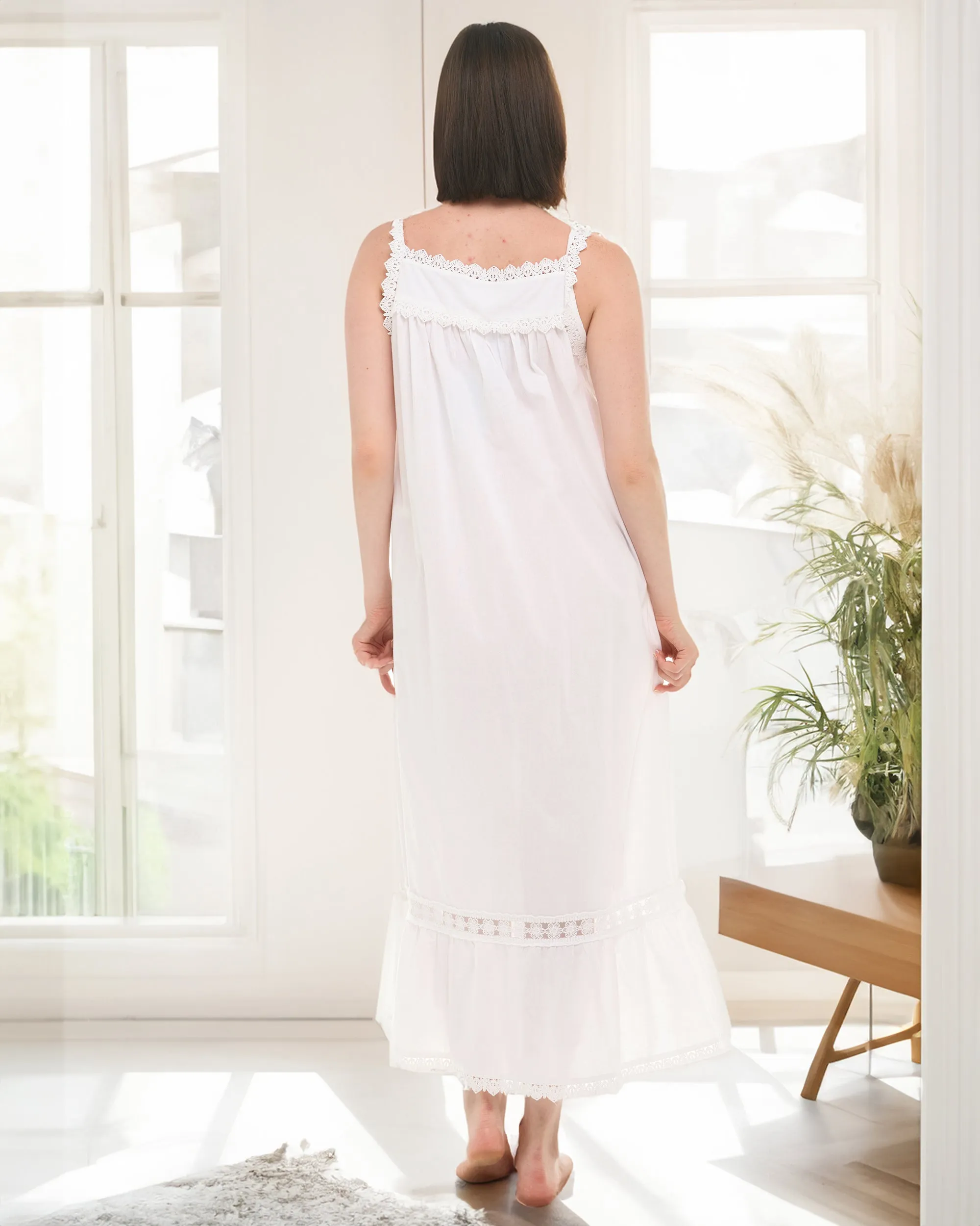 Women's Cotton Victorian Nightgown, Cecilia Sleeveless Lace Trimmed Button Up Long Night Dress