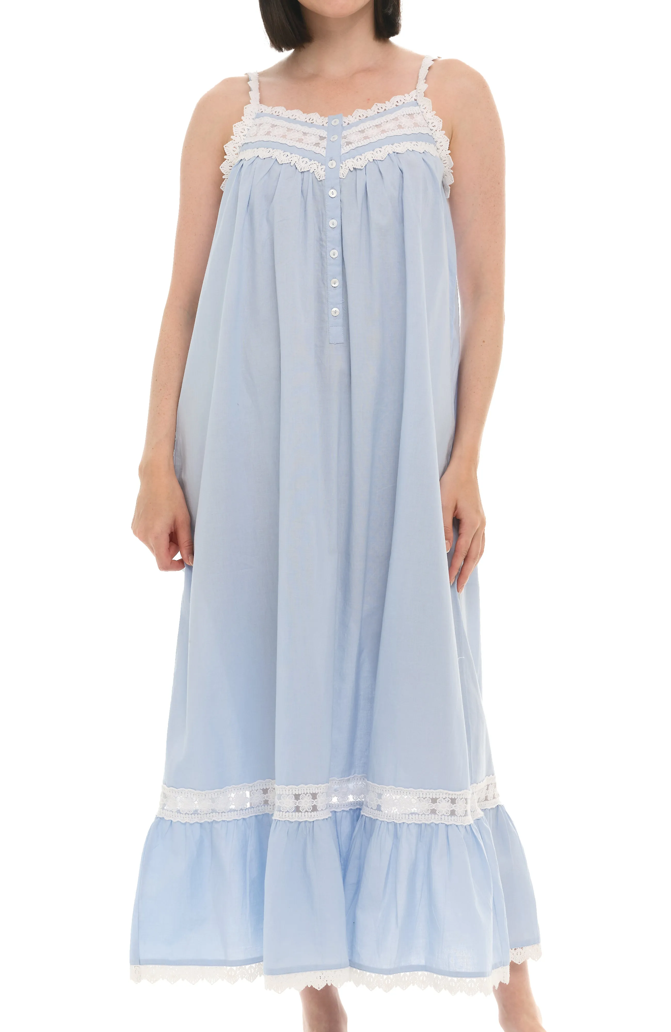 Women's Cotton Victorian Nightgown, Cecilia Sleeveless Lace Trimmed Button Up Long Night Dress