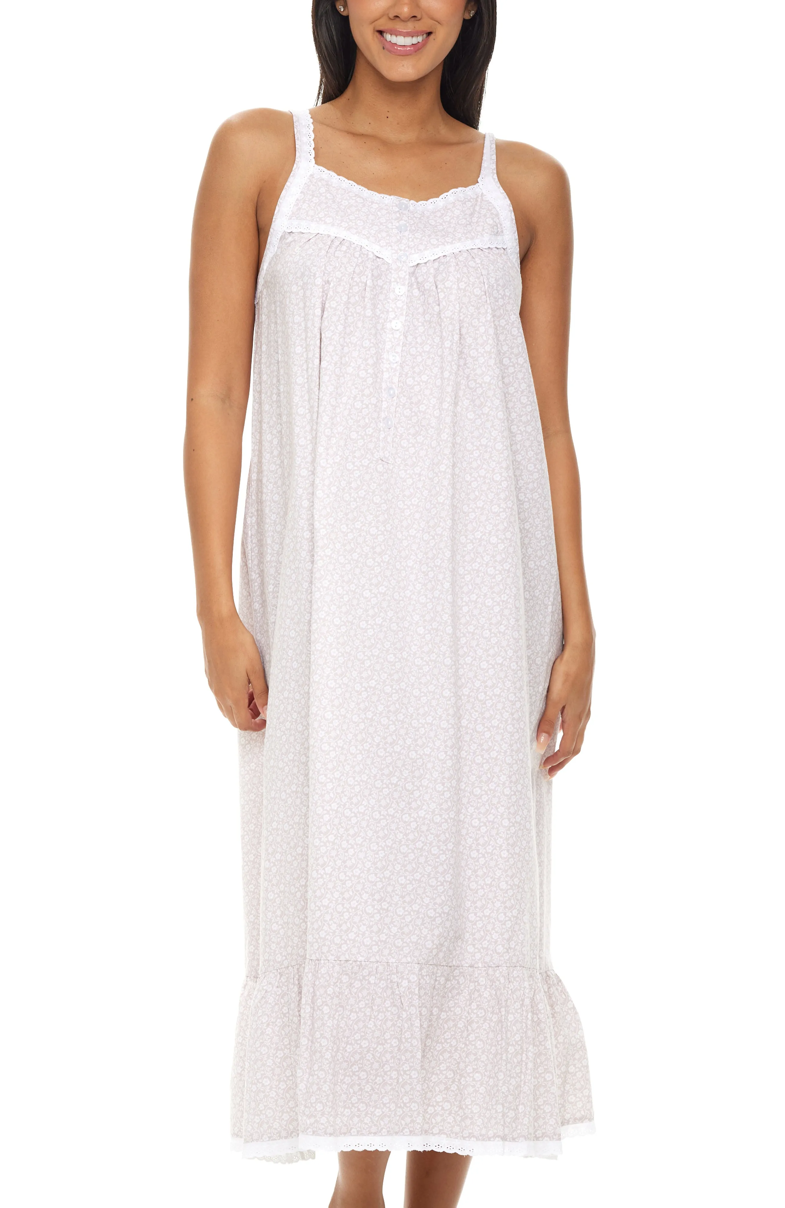 Women's Cotton Victorian Nightgown, Cecilia Sleeveless Lace Trimmed Button Up Long Night Dress