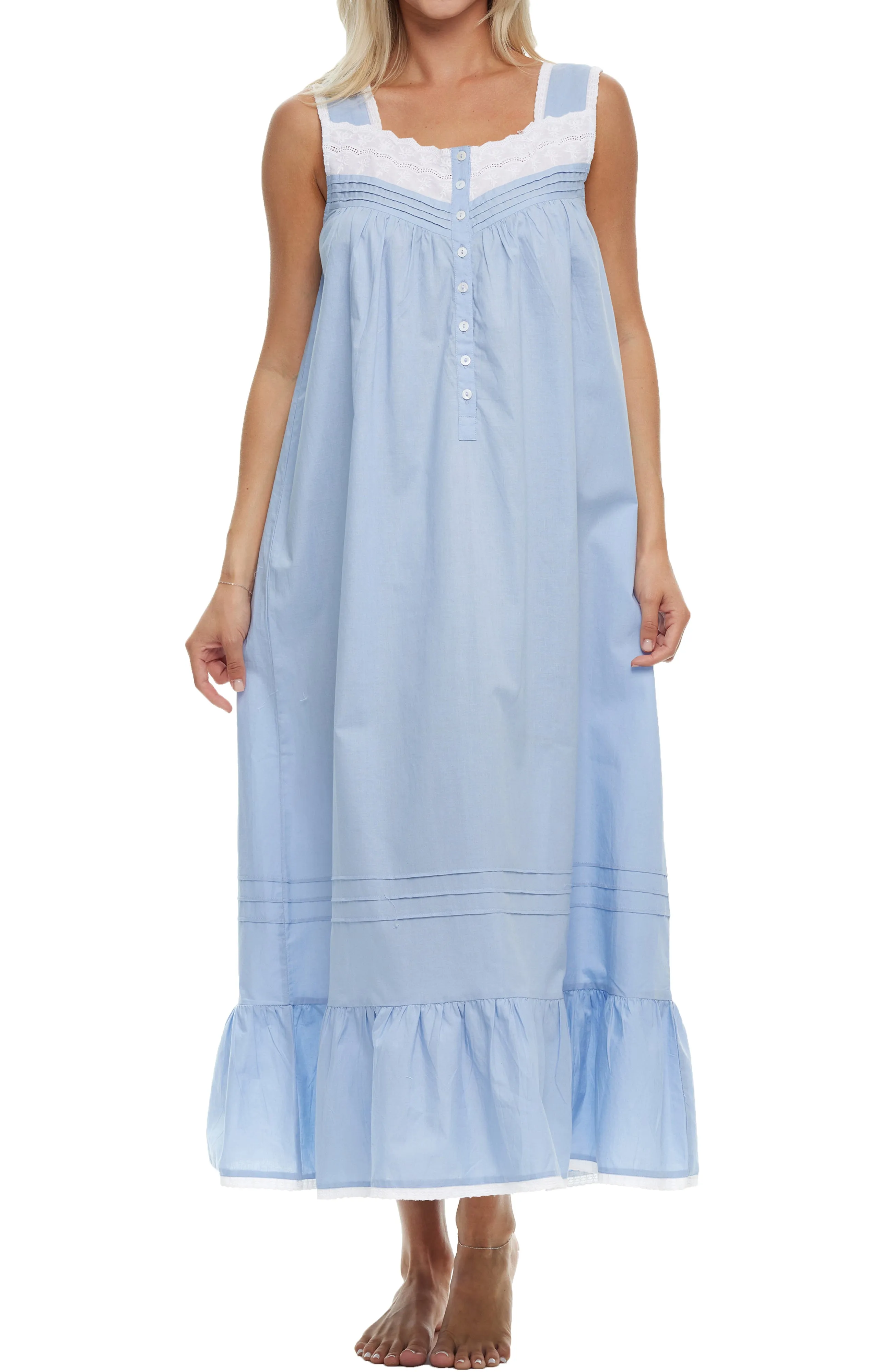 Women's Cotton Victorian Nightgown, Gwendoline Sleeveless Lace Trimmed Button Up Long Nightshirt