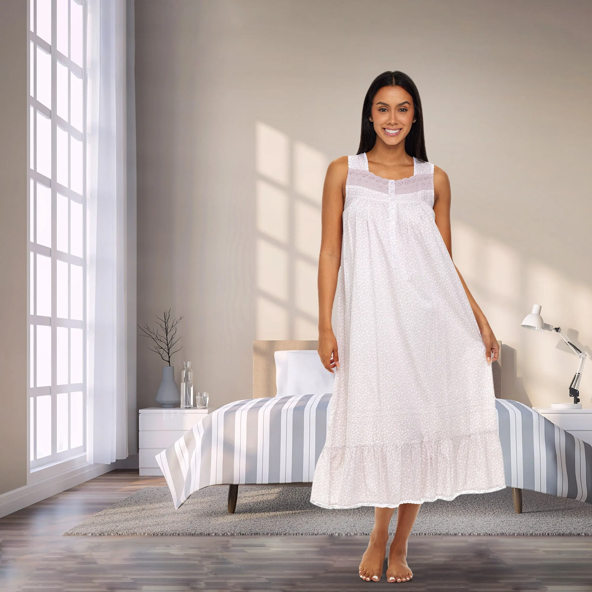 Women's Cotton Victorian Nightgown, Gwendoline Sleeveless Lace Trimmed Button Up Long Nightshirt