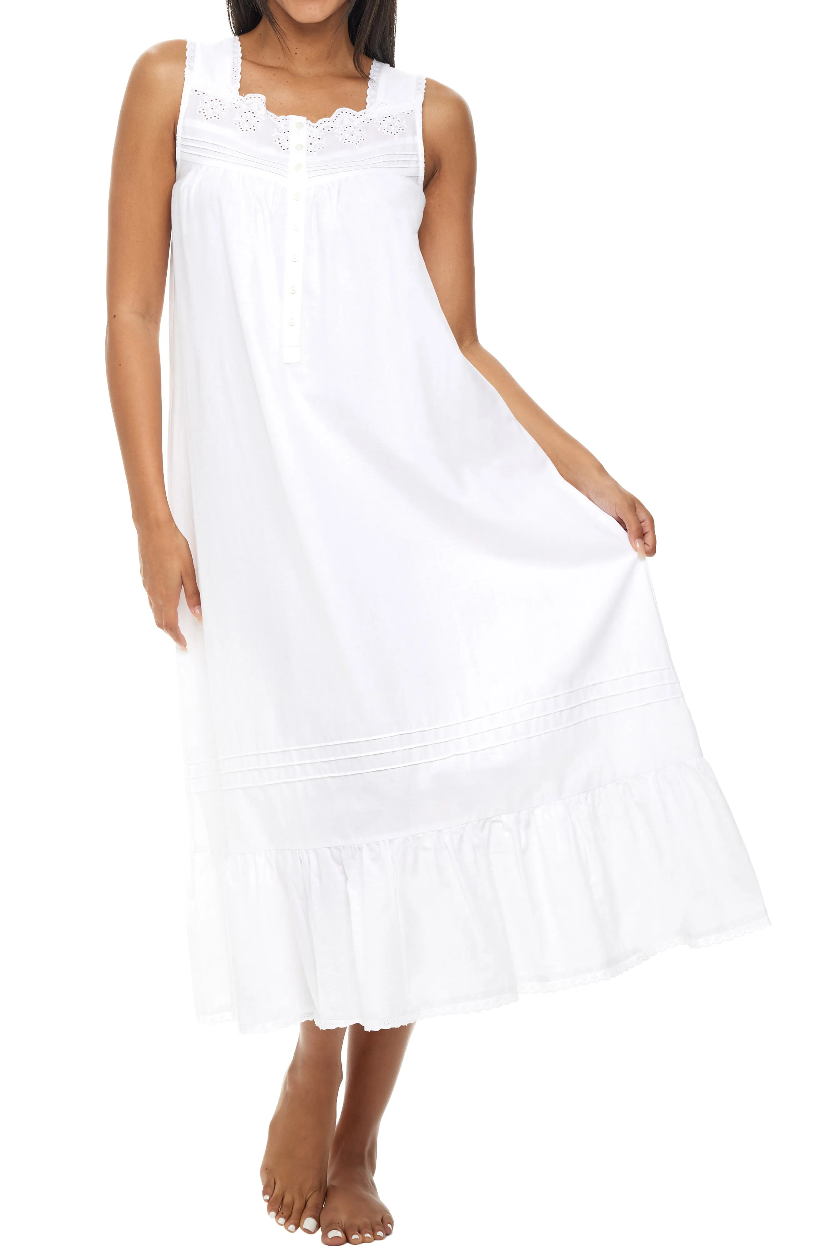 Women's Cotton Victorian Nightgown, Gwendoline Sleeveless Lace Trimmed Button Up Long Nightshirt