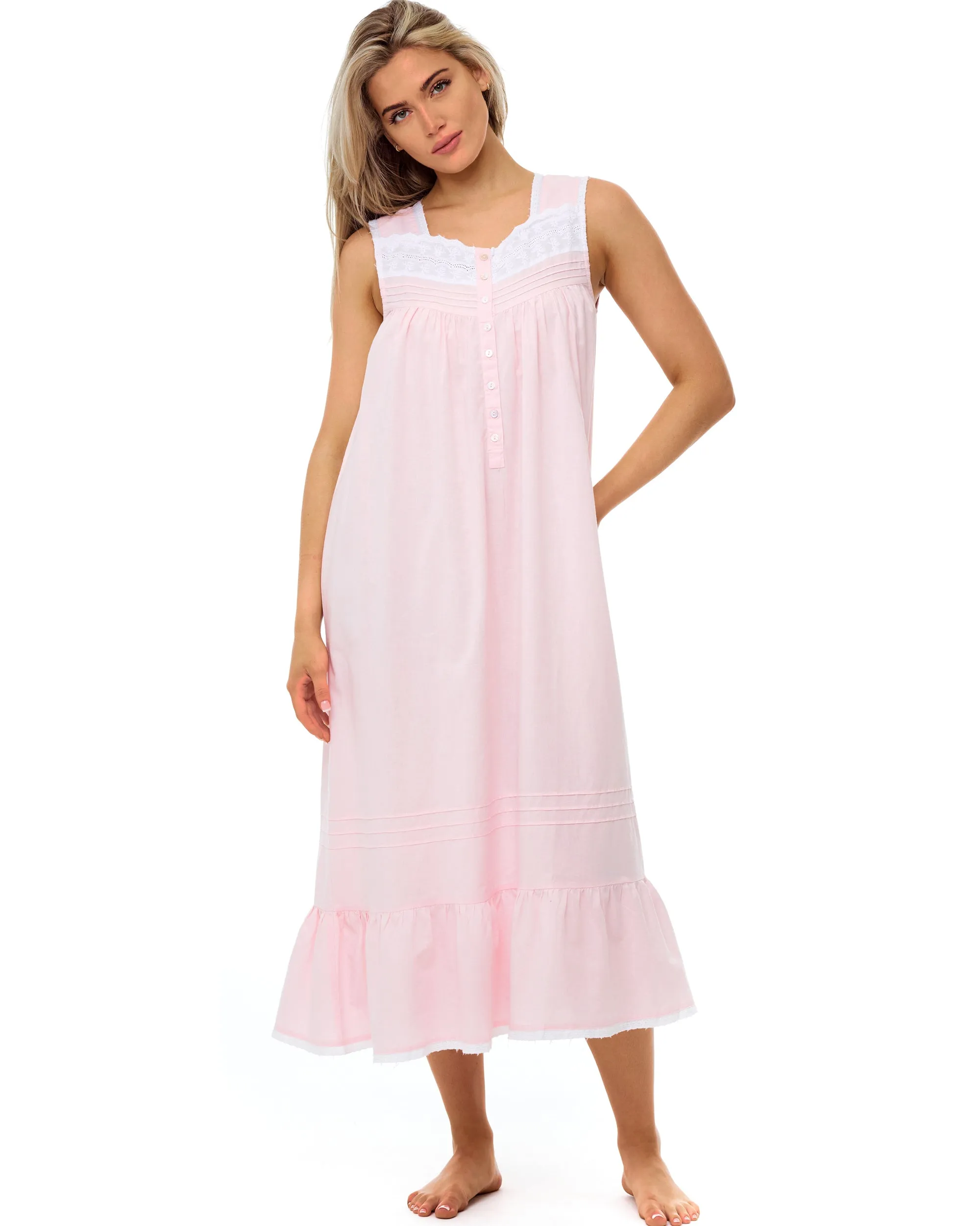 Women's Cotton Victorian Nightgown, Gwendoline Sleeveless Lace Trimmed Button Up Long Nightshirt