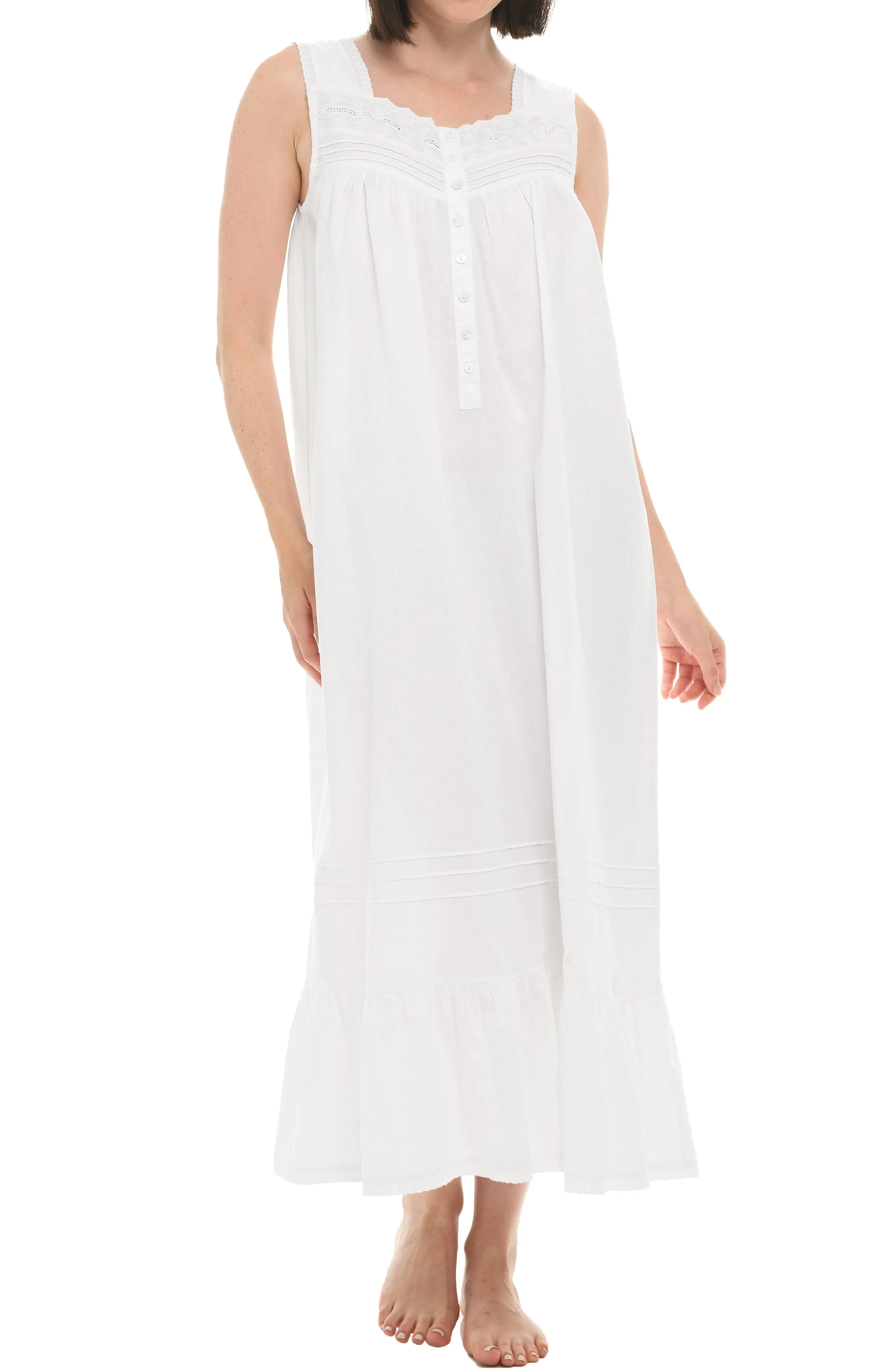 Women's Cotton Victorian Nightgown, Gwendoline Sleeveless Lace Trimmed Button Up Long Nightshirt