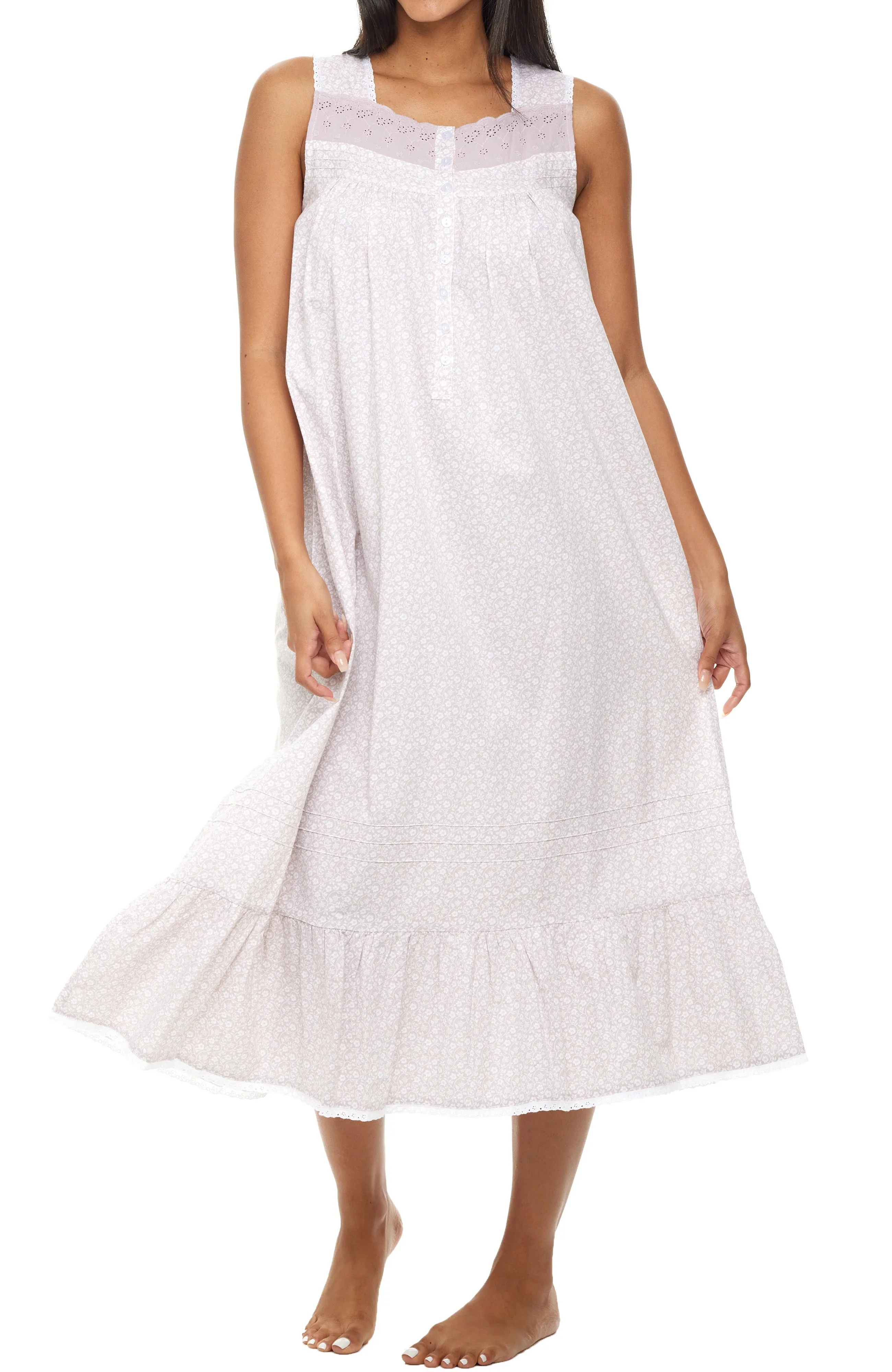 Women's Cotton Victorian Nightgown, Gwendoline Sleeveless Lace Trimmed Button Up Long Nightshirt