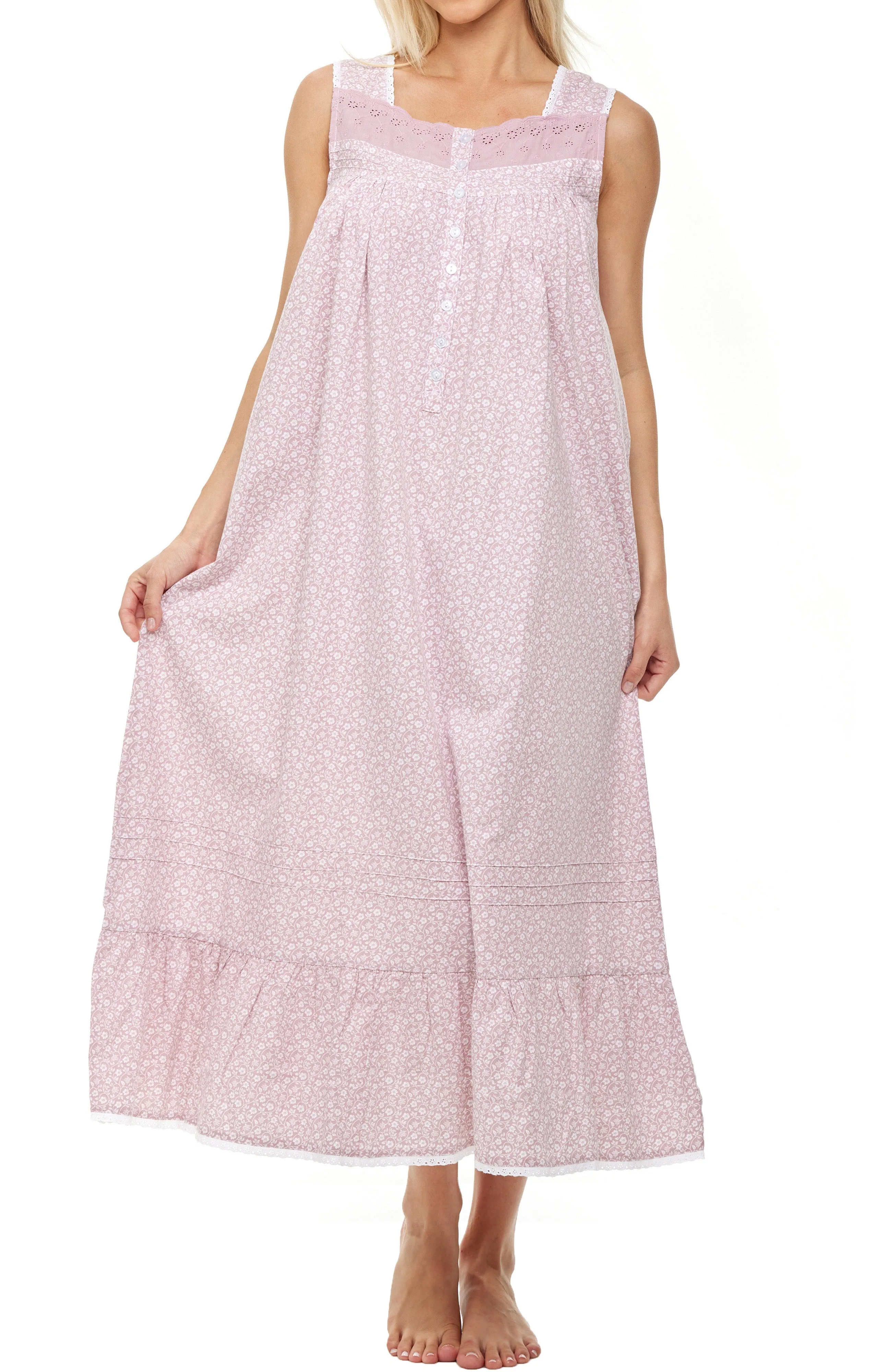 Women's Cotton Victorian Nightgown, Gwendoline Sleeveless Lace Trimmed Button Up Long Nightshirt