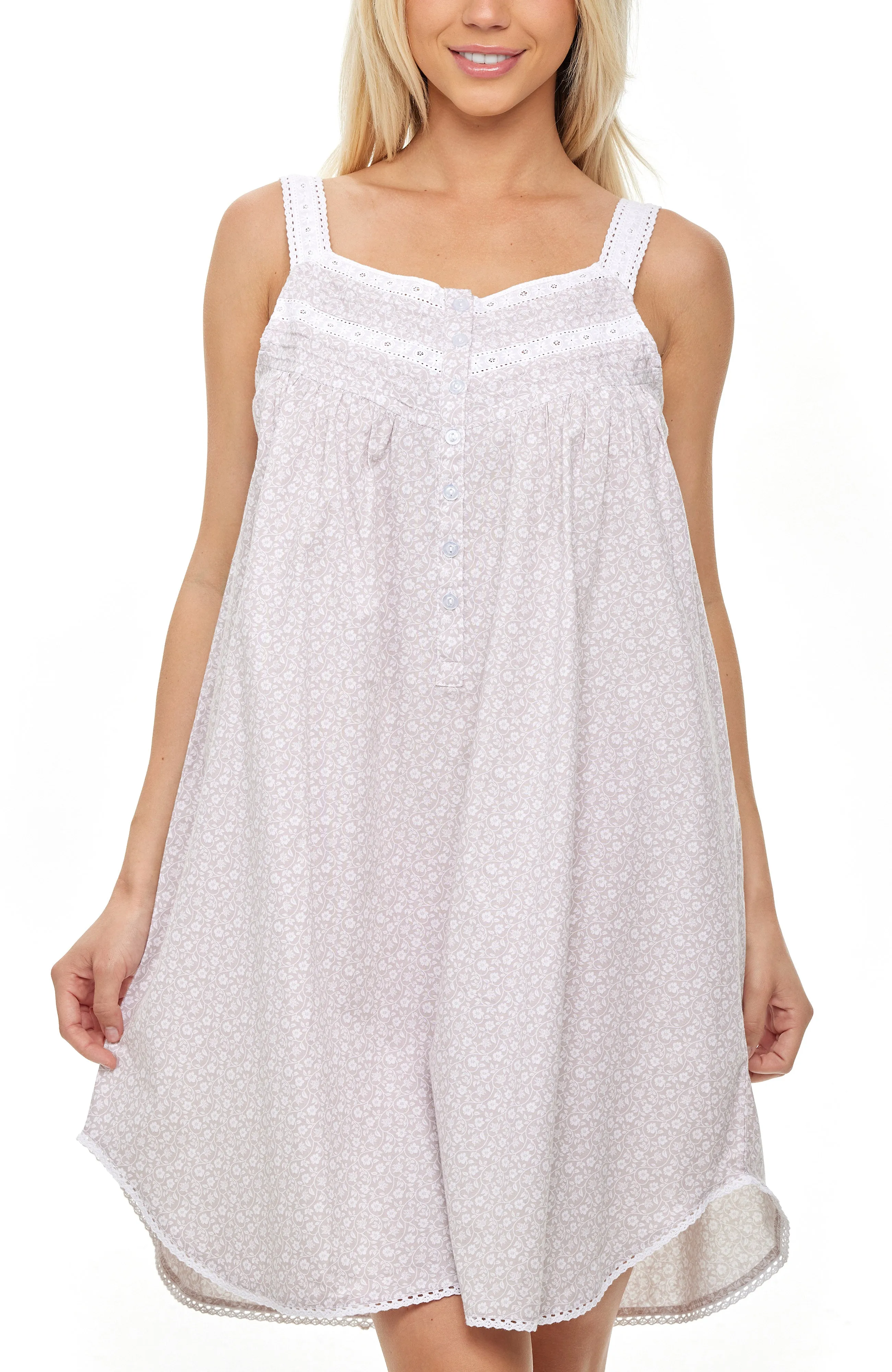 Women's Cotton Victorian Nightgown, Maria Sleeveless Lace Trimmed Button Up Short Night Dress