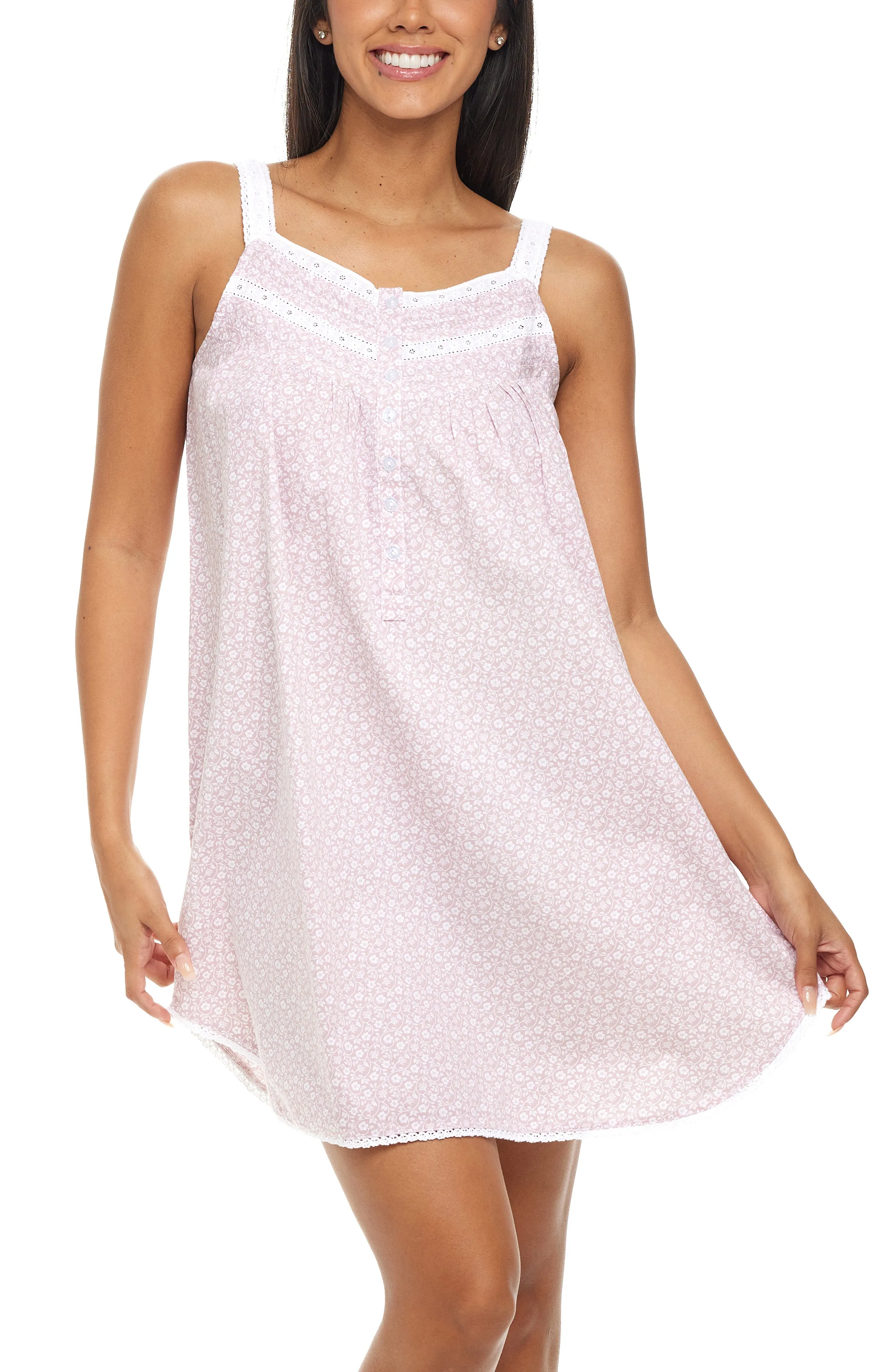 Women's Cotton Victorian Nightgown, Maria Sleeveless Lace Trimmed Button Up Short Night Dress