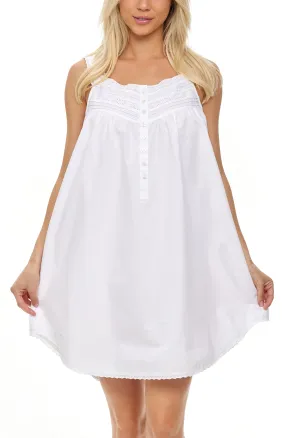 Women's Cotton Victorian Nightgown, Maria Sleeveless Lace Trimmed Button Up Short Night Dress