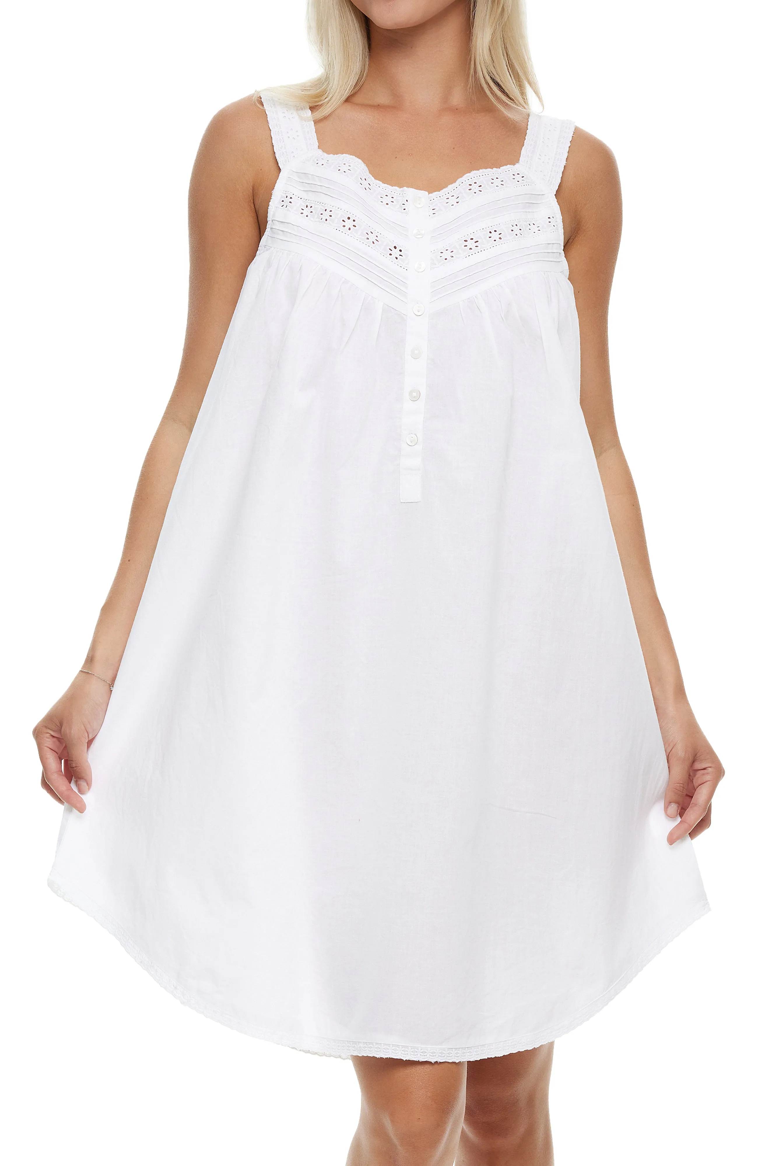 Women's Cotton Victorian Nightgown, Maria Sleeveless Lace Trimmed Button Up Short Night Dress