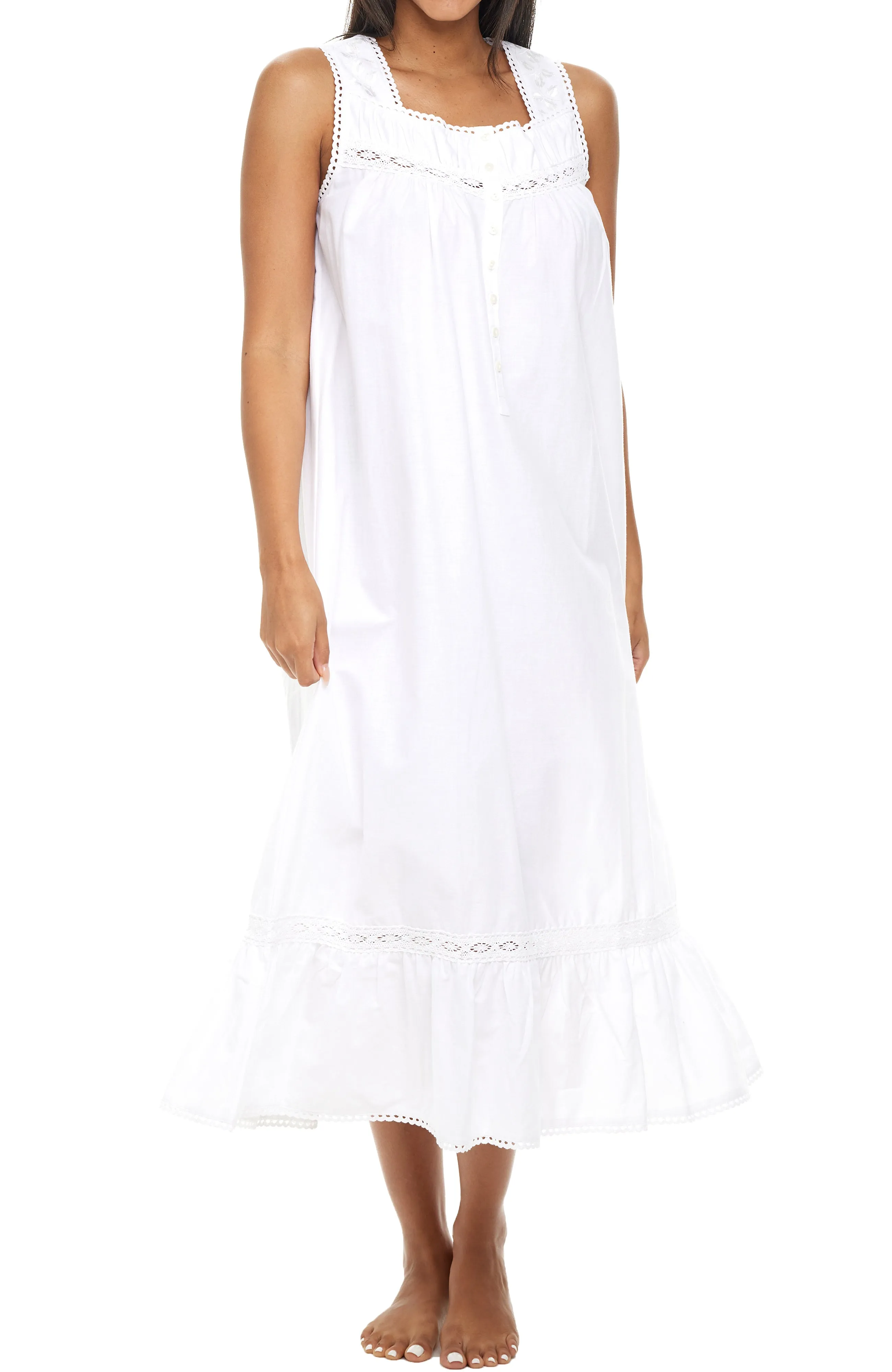 Women's Cotton Victorian Nightgown, Phoebe Sleeveless Lace Trimmed Button Up Long Night Dress