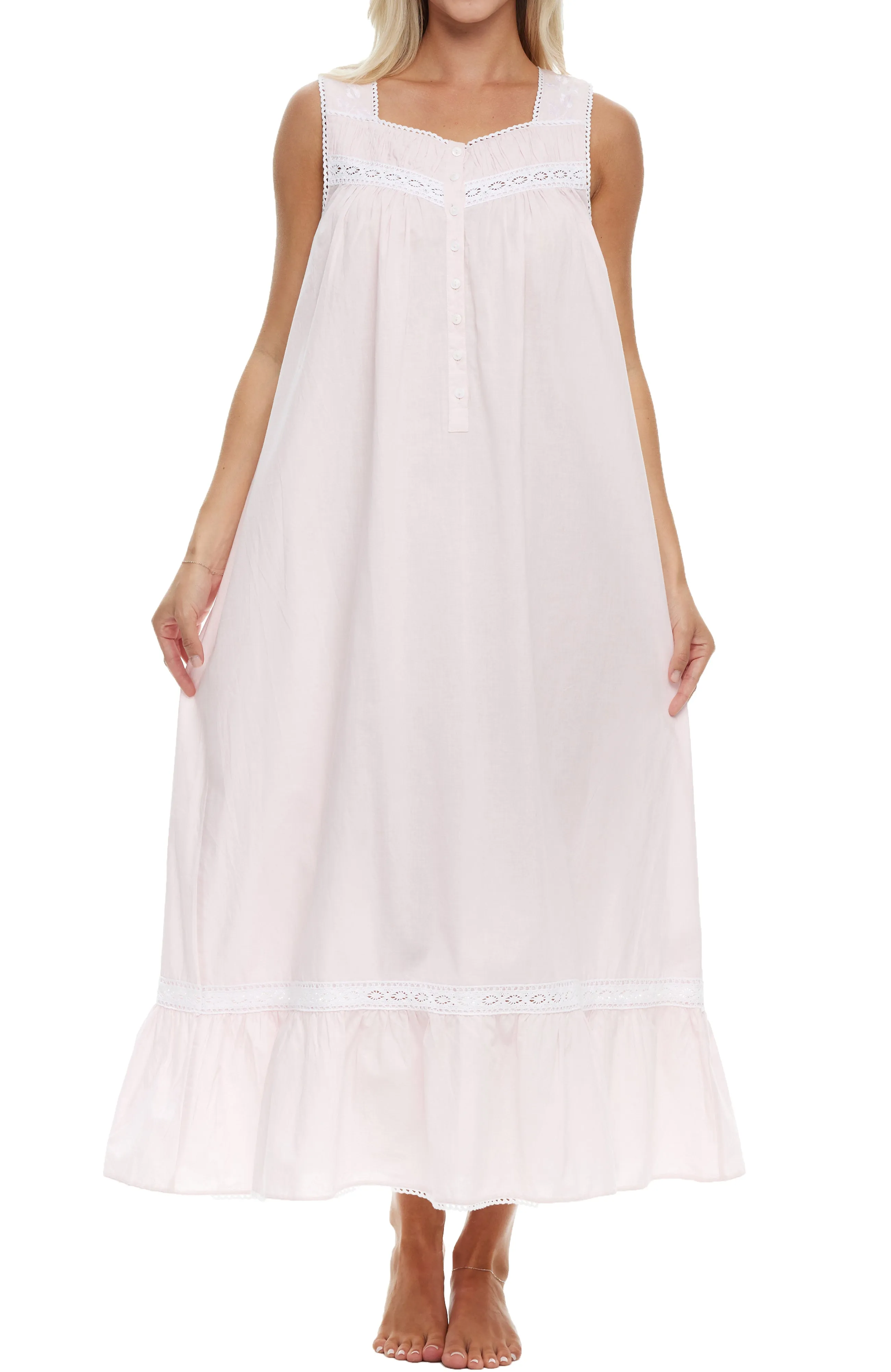 Women's Cotton Victorian Nightgown, Phoebe Sleeveless Lace Trimmed Button Up Long Night Dress