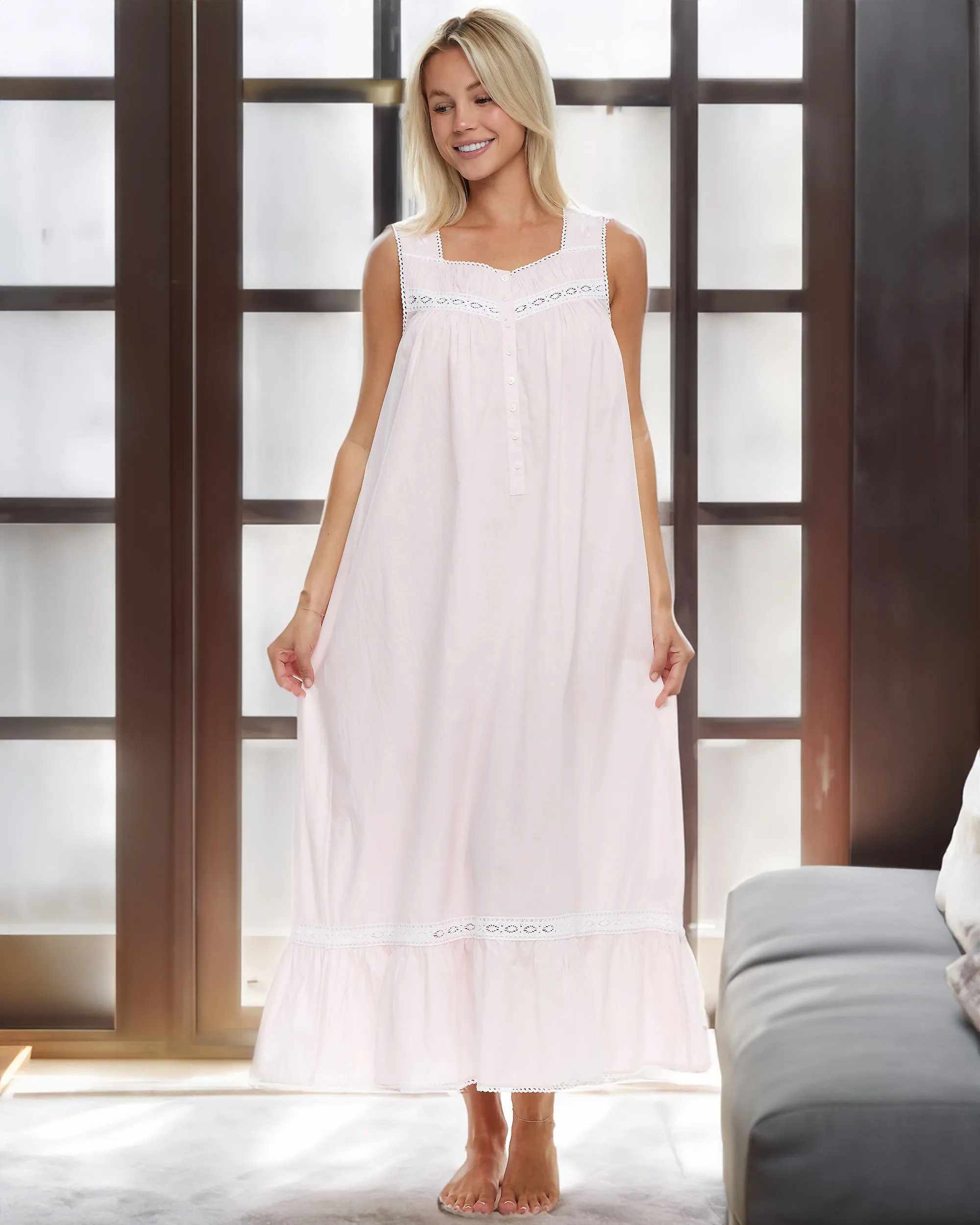 Women's Cotton Victorian Nightgown, Phoebe Sleeveless Lace Trimmed Button Up Long Night Dress