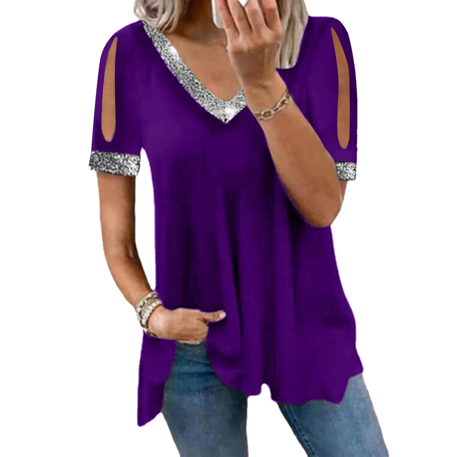 Women's Off Shoulder Pure Color Sequins Blouses